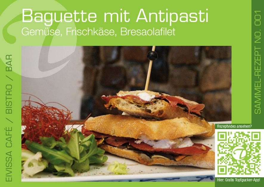 Rezeptsammelkarte - Baguette mit Antipasti Gemüse, Frischkäse, Bresaolafilet