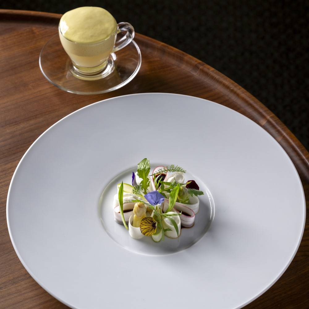 Restaurant AGLI AMICI 2stars Michelin Chef EMANUELE SCARELLO FOOD: ASPARAGUS, rhubarb and spring shoots