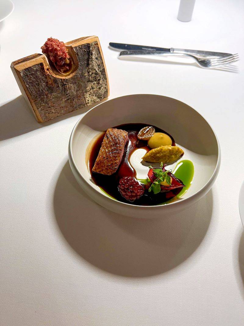 "Von dem Valser Hof" - Ente mit Mais und Brombeere © Le Guide MICHELIN